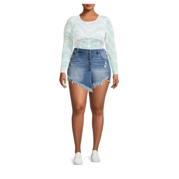 MADDEN NYC Juniors Plus Super High Rise Denim Skort - Picture 1 of 9
